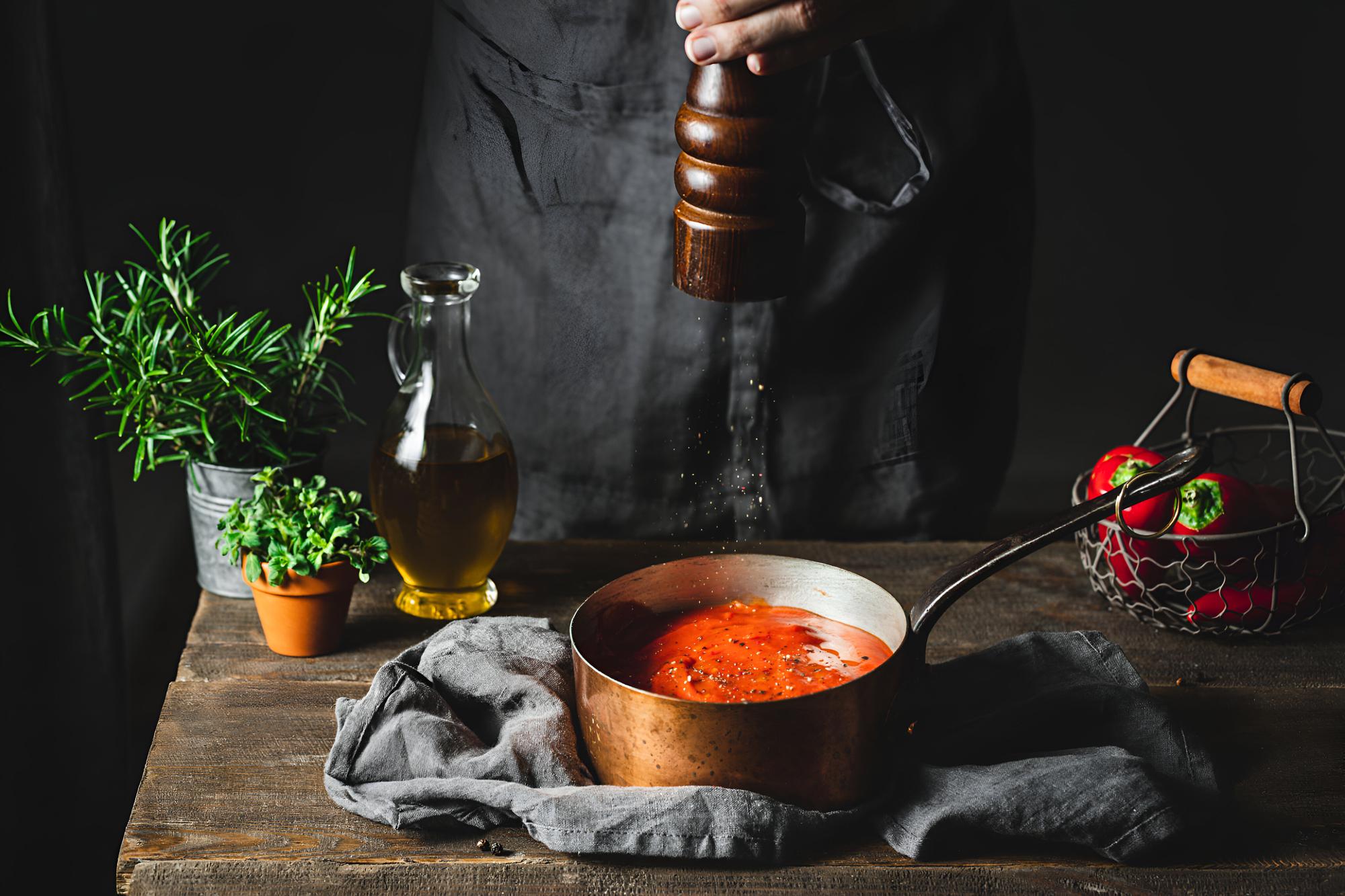 Cook preparing sauce in pan