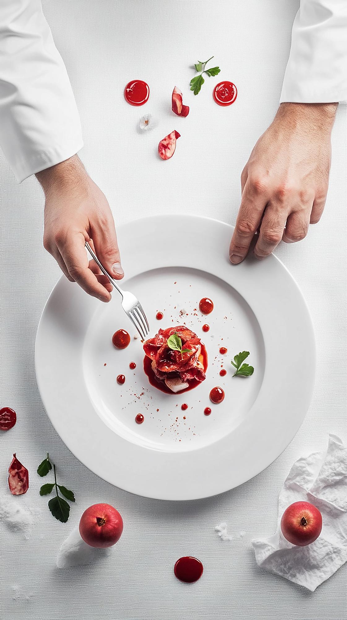 Chef plating a modern dish on white surface